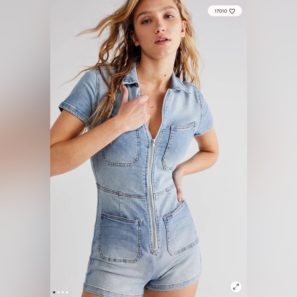 Free People Crvy Lennox Shortsuit Romper denim zip up